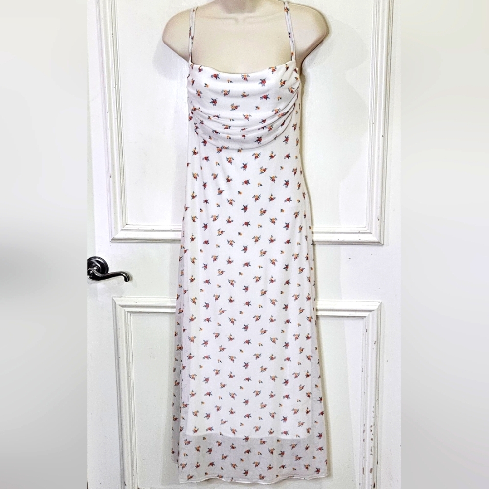 See You Monday White Multi-Color Floral Sleeveless Midi Slip Dress,X-Large